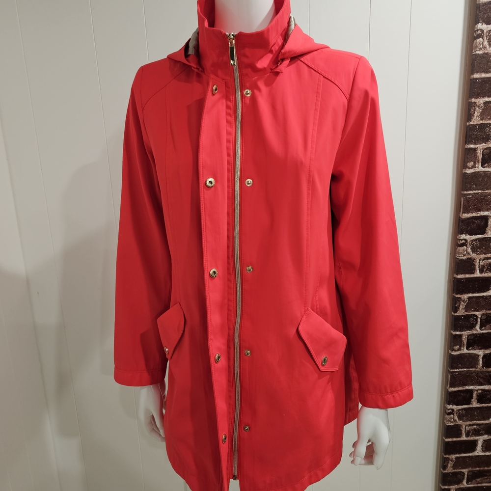 Dennis by Dennis Basso Red Hooded Rain Jacket Women's Size S Snap Zip Lightweigh - Picture 7 of 16